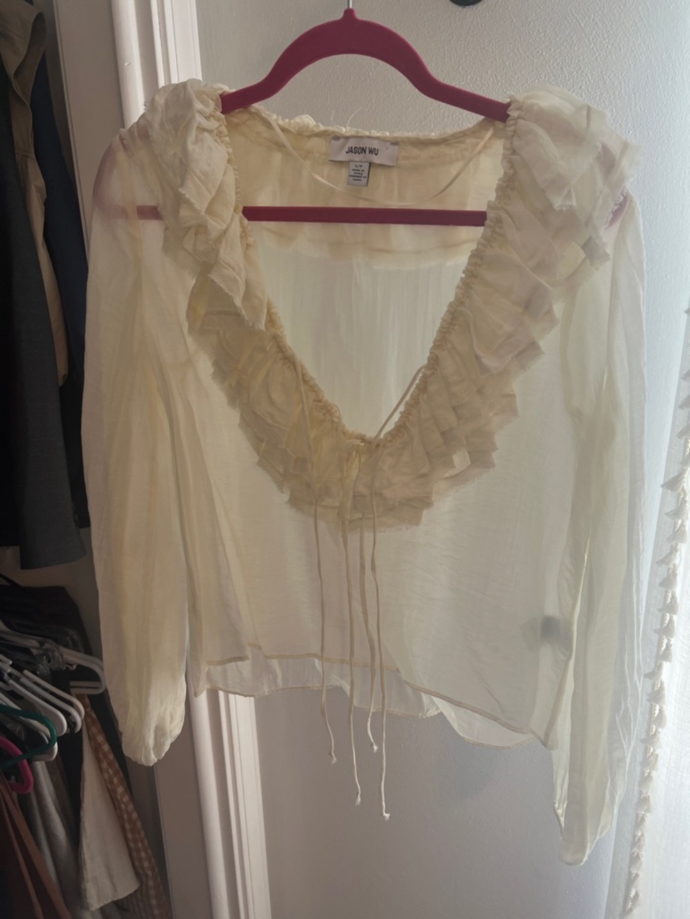 Jason Wu Cream Ruffle V-Neck Blouse with Tie